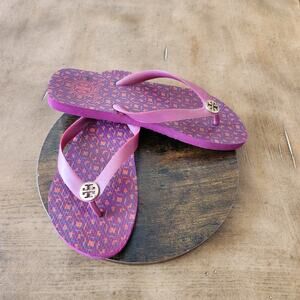 Tory Burch Logo Print Flip Flop Sandals Womens 9 Pink x Orange Beach Cruise Boho